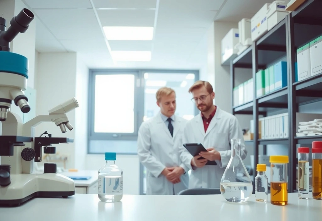 A modern laboratory scene with scientific equipment and researchers in lab coats.