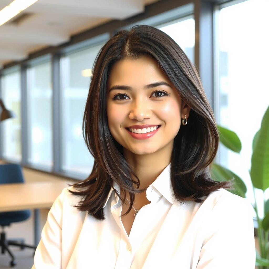 Professional portrait of a smiling, diverse team member in a modern office setting.