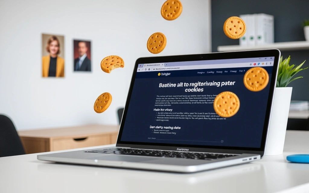 Laptop with cookie icons floating around