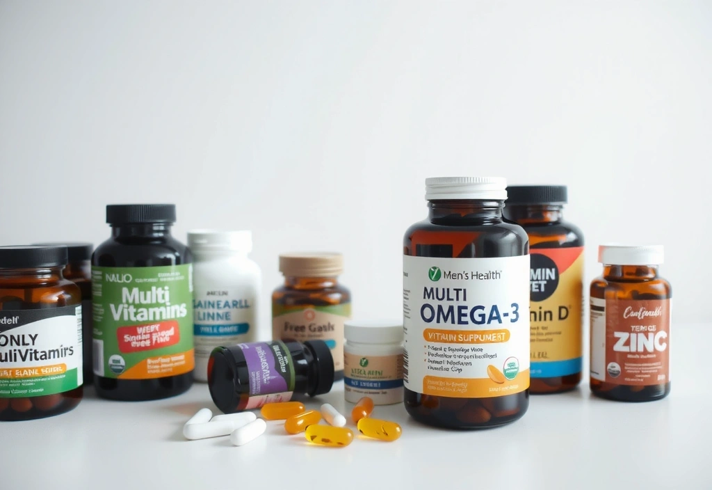 A diverse assortment of vitamin bottles and supplements for men's health, presented cleanly on a minimalist background.