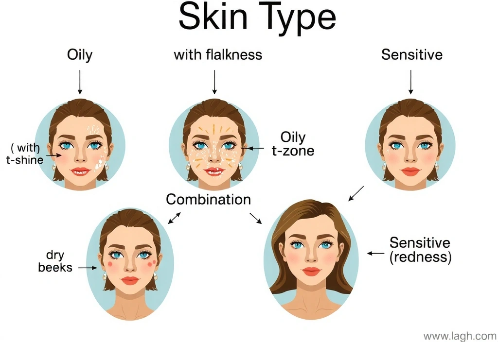 Diagram showing different skin types: oily, dry, combination, sensitive